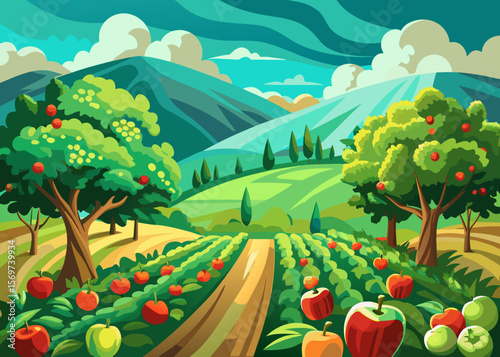 Colorful Apple Orchard Landscape with Mountains