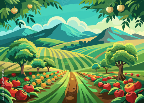 Beautiful Orchard Landscape with Apple Trees and Hills