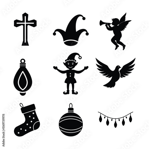 A festive collection of black silhouette vector icons including angel, elf, dove, cross, jester hat, stocking, bulb, and more for Christmas and holiday design use.