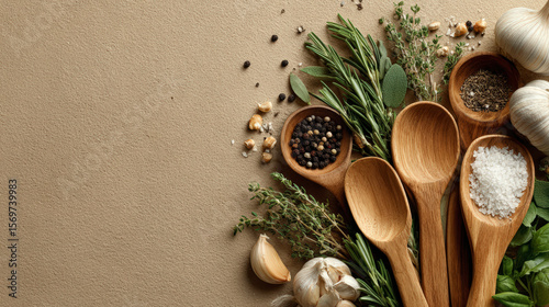 Wallpaper Mural A variety of herbs and spices in wooden spoons on a textured beige background, beautifully arranged for gourmet cooking. Torontodigital.ca