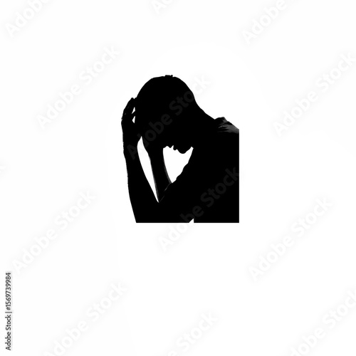 Silhouette of man holding head in frustration on white background