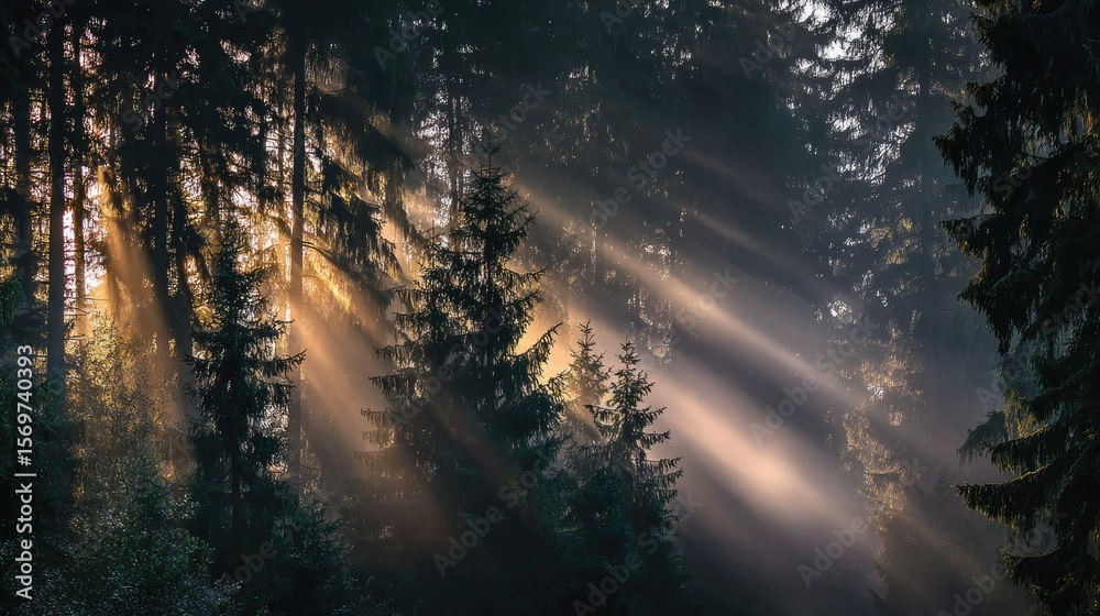 Fototapeta premium Sunbeams piercing misty forest