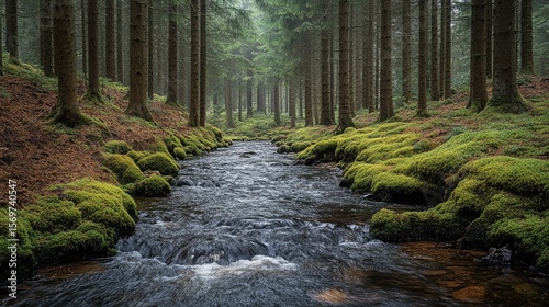 Gentle creek winding through mossy forest floor, glowing under diffused sunlight in early morning