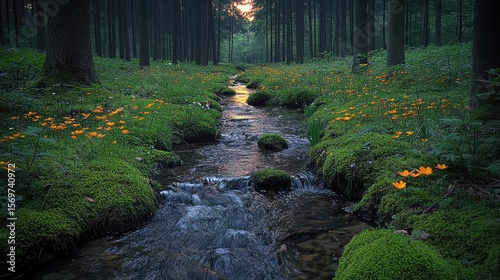Peaceful trickle of a stream through wildflowers and moss, lit by soft natural light in a secluded forest