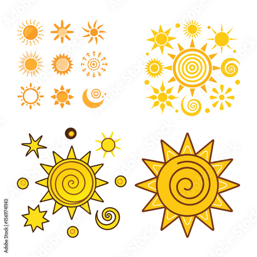 Sun Icon Set – Yellow Sun Star Symbols Collection for Summer and Nature Themes