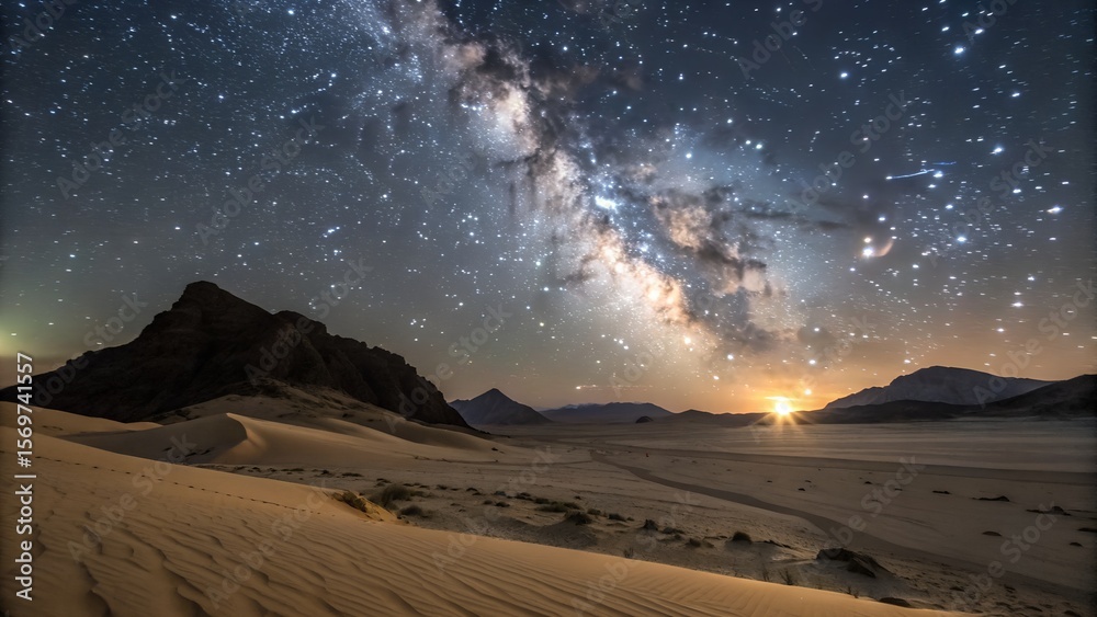 Fototapeta premium Night desert landscape shows bright stars and the Milky Way across the sky, with a beautiful sunrise appearing over distant mountains and sand dunes.
