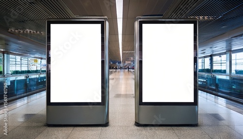 two blank vertical digital billboards in a modern train station