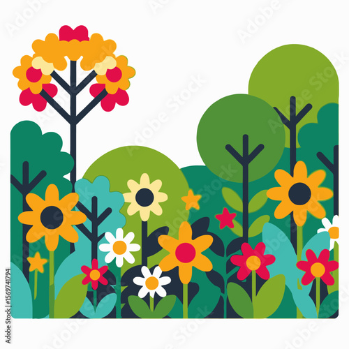 Colorful Floral Garden Illustration-Whimsical Flower Bed Scene-Playful Botanical Art with Vibrant Sunflowers-Trees and Greenery-Nature Inspired Design