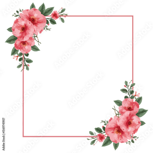 Elegant Pink Floral Border Frame with Watercolor Flowers and Leaves

