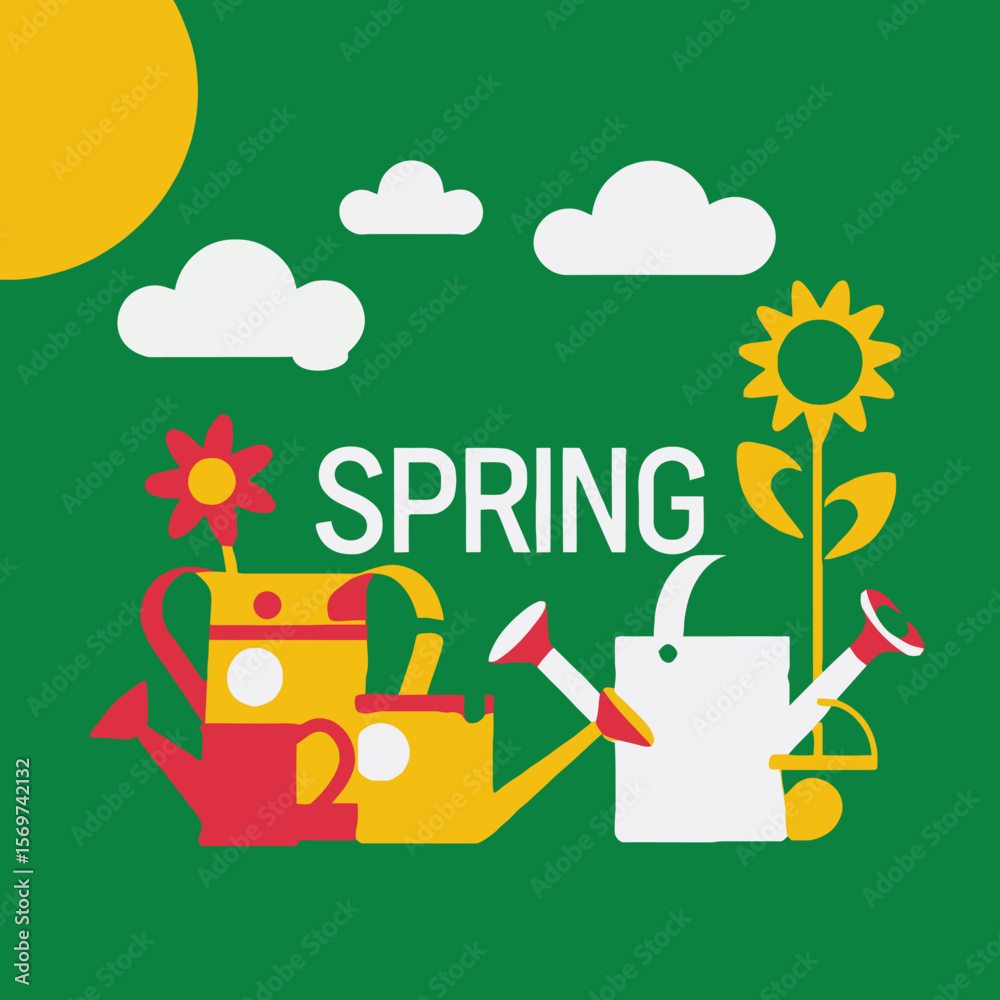 Fototapeta premium Welcome Spring with Gardening Fun- Brighten Your Day with Colorful Flowers and Sunshine- Get Ready for the Planting Season with Watering Cans and Greenery