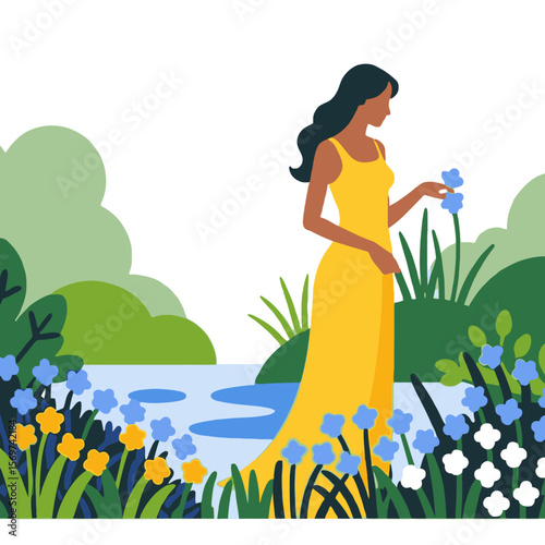 Woman in Yellow Dress-Picking Flowers by the Lake-Nature Illustration-Peaceful Scene-Artwork-Digital Art-Floral Landscape-Summer Vibes-Serene Moment