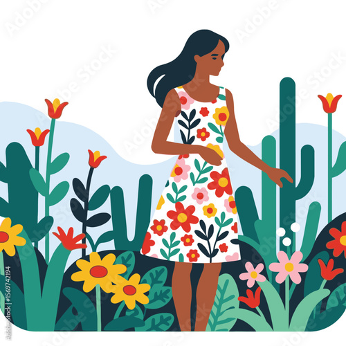 Woman in Floral Dress - Spring Fashion Illustration - Colorful Flowers and Cactus - Artistic Female Portrait - Summer Style Inspiration