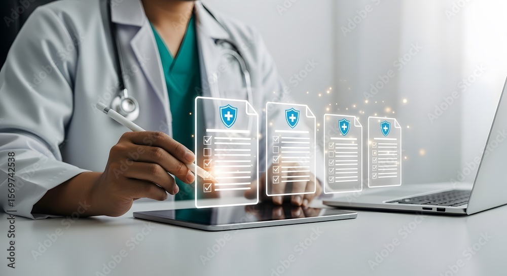 Fototapeta premium Doctor examines health insurance data on tablet, utilizing digital technology for medical records and virtual patient care with enhanced security.