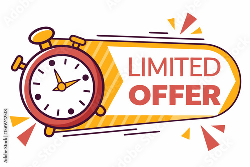 Limited offer banner with clock, featuring countdowns for exclusive deals, one-day sales, and last-minute promotions. Perfect for super promos, auctions, and time-sensitive discounts.