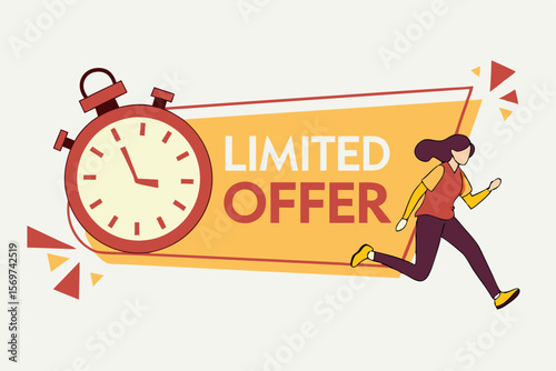Limited offer with clock for promotion, banner, price. Super promo with countdown or exclusive deal. Last minute offer one day sales and timer. Last minute chance Auction tag