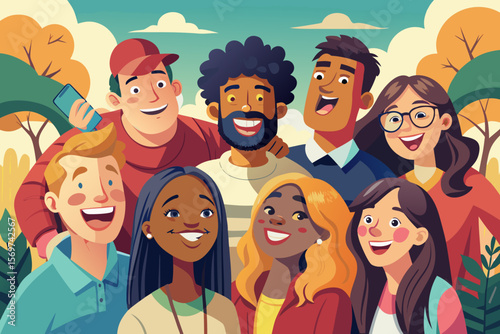 Happy Diverse Group of Friends Smiling Together Outdoors in Autumn