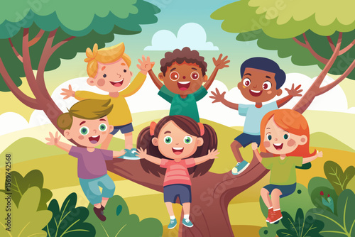 Happy Diverse Group of Children Playing on a Tree in a Park