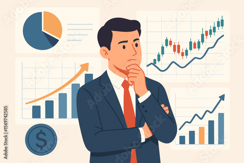 Businessman analyzing financial data with charts. Investor or trader thinking about stock market exchange data. Investment analysis, economic growth, income and profit concept.