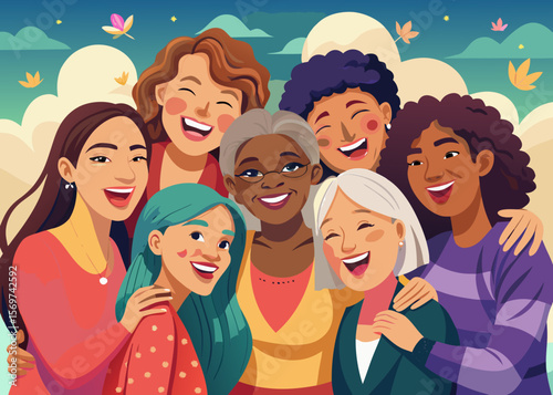 Happy Diverse Group of Women Friends Laughing Together