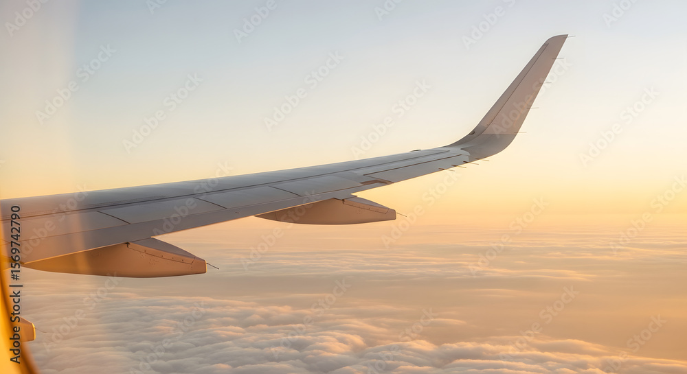 Fototapeta premium Airplane Wing in Sunset Sky with Clouds During Flight