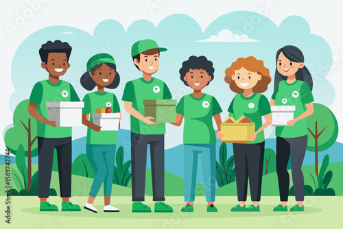 Happy Diverse Group of Volunteers Carrying Donation Boxes Outdoors