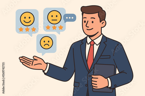 Businessman managing customer feedback. Man analyzing review icons for satisfaction rating. Concept for service quality, user experience, survey, communication, and CRM strategy.