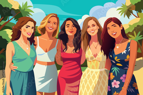 Five Diverse Women Friends Posing Together on a Tropical Beach Vacation
