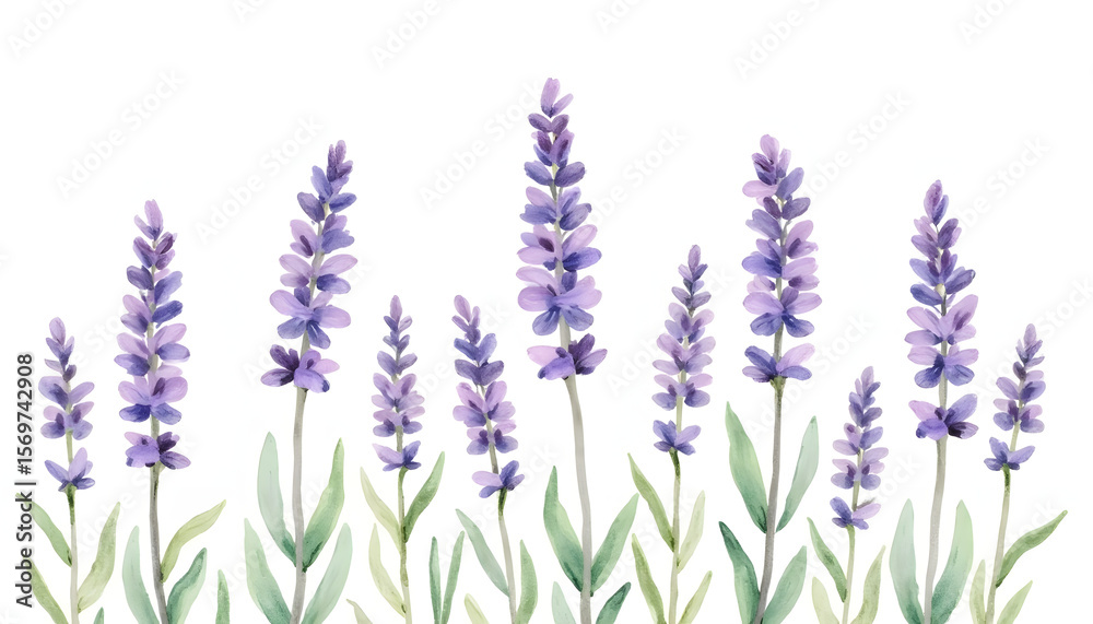 Naklejka premium Delicate purple lavender flowers in a row. Represents nature, tranquility, aromatherapy, or soothing beauty. Serene and elegant.