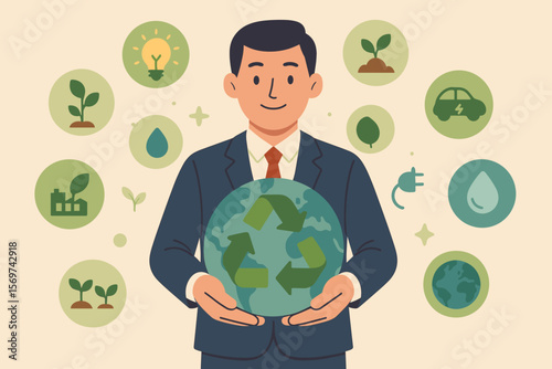 Businessman holding globe with recycling symbol. Sustainable development concept with eco icons. Corporate social responsibility, green energy, environmental conservation vector.