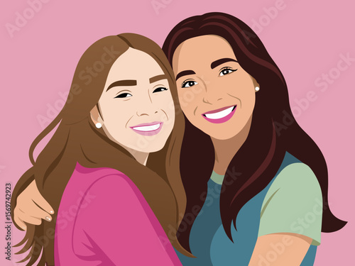 Two Smiling Women Embracing Friendship Illustration