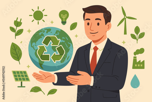 Businessman presenting sustainable development concept. Globe with recycling icon. Eco friendly business, green energy symbols. Corporate social responsibility and ESG strategy.