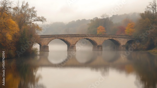 Stone Arch Bridge in Autumn Foggy Landscape