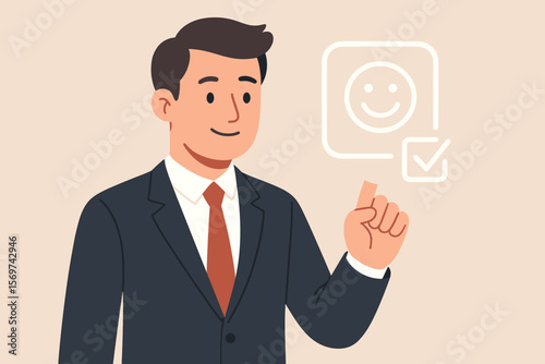 Customer satisfaction concept with businessman touching digital happy face icon. User giving positive review, excellent feedback, good service rating, and quality survey checkmark.