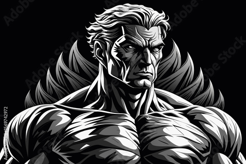 Powerful Superhero Portrait Grayscale Illustration