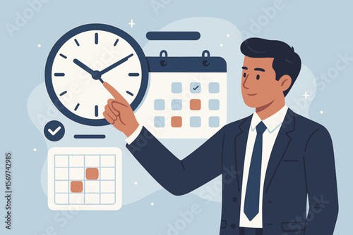 Businessman managing time with clock and calendar. Concept of schedule planning, productivity optimization, and workflow organization. Business appointment and deadline vector.