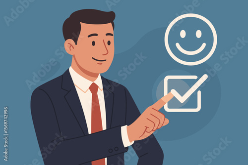 Businessman giving positive feedback. Concept of customer satisfaction, user experience, and quality service. Man touching screen with happy emoji and checkmark icon.