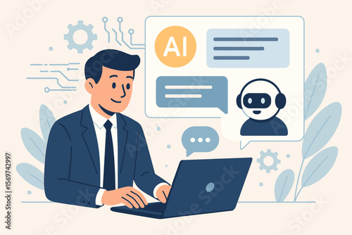 Businessman using laptop with AI agent platform for prompt command generation. Live chat system with chatbot. Artificial intelligence technology concept for business automation.