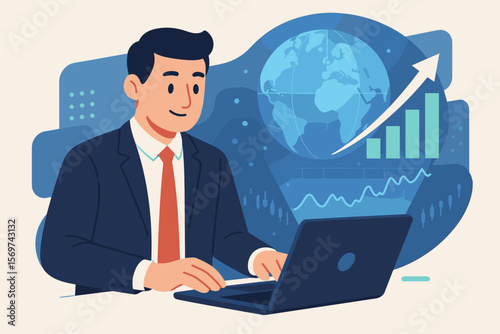Businessman working on laptop with holographic globe, financial growth chart, stock market analysis, global economy, investment, business success, data analytics