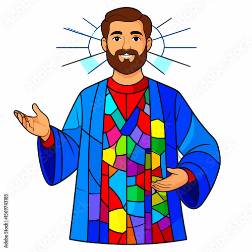 Digital Illustration of a Saintly Man with Stained Glass Tunic and Halo on White Background