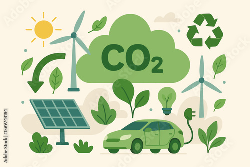Carbon footprint reduction and eco sustainability concept with green CO2 cloud, renewable energy, solar panels, wind turbines, electric car, recycling, ESG, green technology