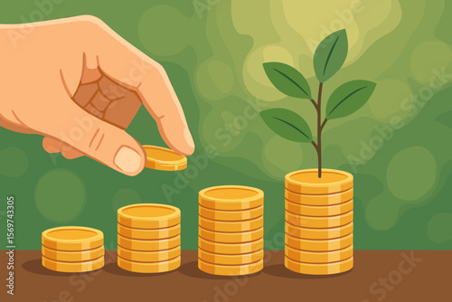 Investment growth concept with hand stacking gold coins, money saving, financial planning, wealth accumulation, future savings, green plant sprouting from coins, economic success