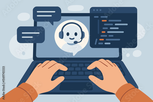 Hands typing on laptop with AI assistant chatbot, code interface, speech bubbles. Artificial intelligence, automation, digital support, virtual help desk, tech customer service
