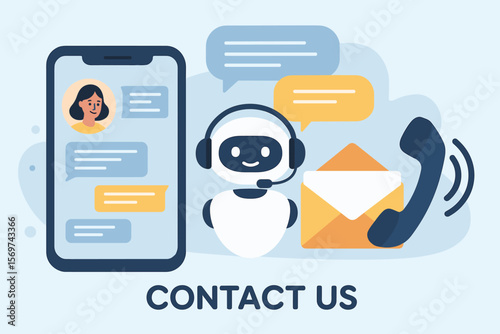 Contact us support interface. Mobile chat, AI chatbot, customer service, email, phone communication, help desk, real time online assistance, customer care, digital support center