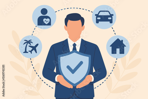 Businessman Holding Shield Insurance Icons Illustrating Protection and Assurance for Health, Life, Car, Home, Travel, Safety, Risk Management, Security Concept Vector