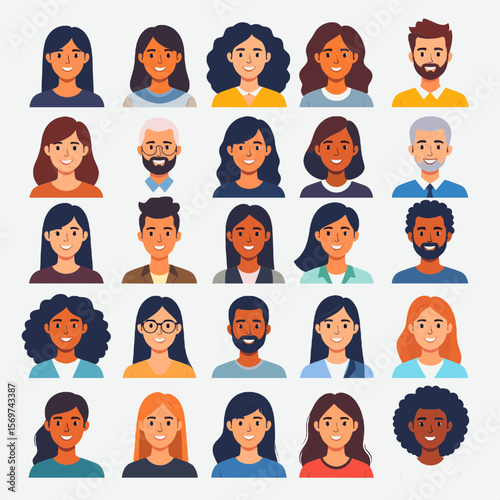 Diverse Pixelated People Avatars Collection Featuring Flat Style Illustrations in a Group of Portraits Representing Various Characters and Expressions in Graphic Design