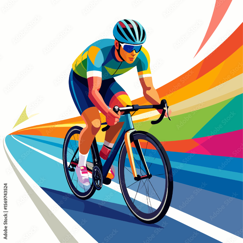 Fototapeta premium Dynamic Cyclist Racing on a Road with Colorful Streaks Background Wearing Blue and Yellow Outfit
