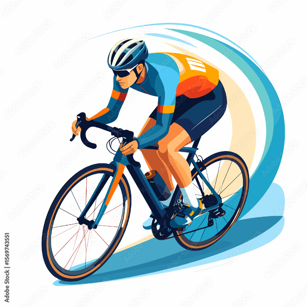 Obraz premium Dynamic Cyclist Racing with Speed in Blue and Orange Outfit in Abstract Style Illustration