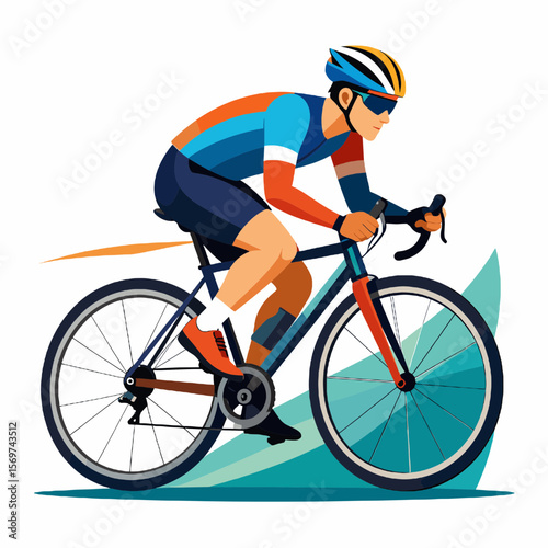 Dynamic Cyclist in Action Depicted in Vibrant Orange and Blue Gear Riding with Determination in Sport Illustration on White Backdrop