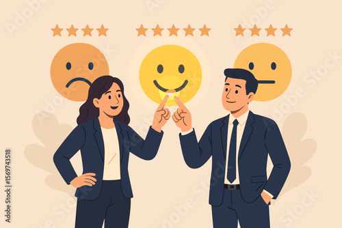 Business people touch virtual happy smiley face icon, customer service satisfaction rating, positive feedback, five star review, product quality evaluation, client experience