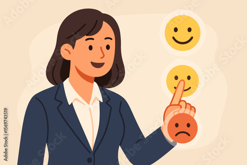 Customer satisfaction feedback concept. Businesswoman selecting happy smiley face on virtual screen. Rating service quality. Client experience survey. Positive review. Evaluation, survey, feedback.
